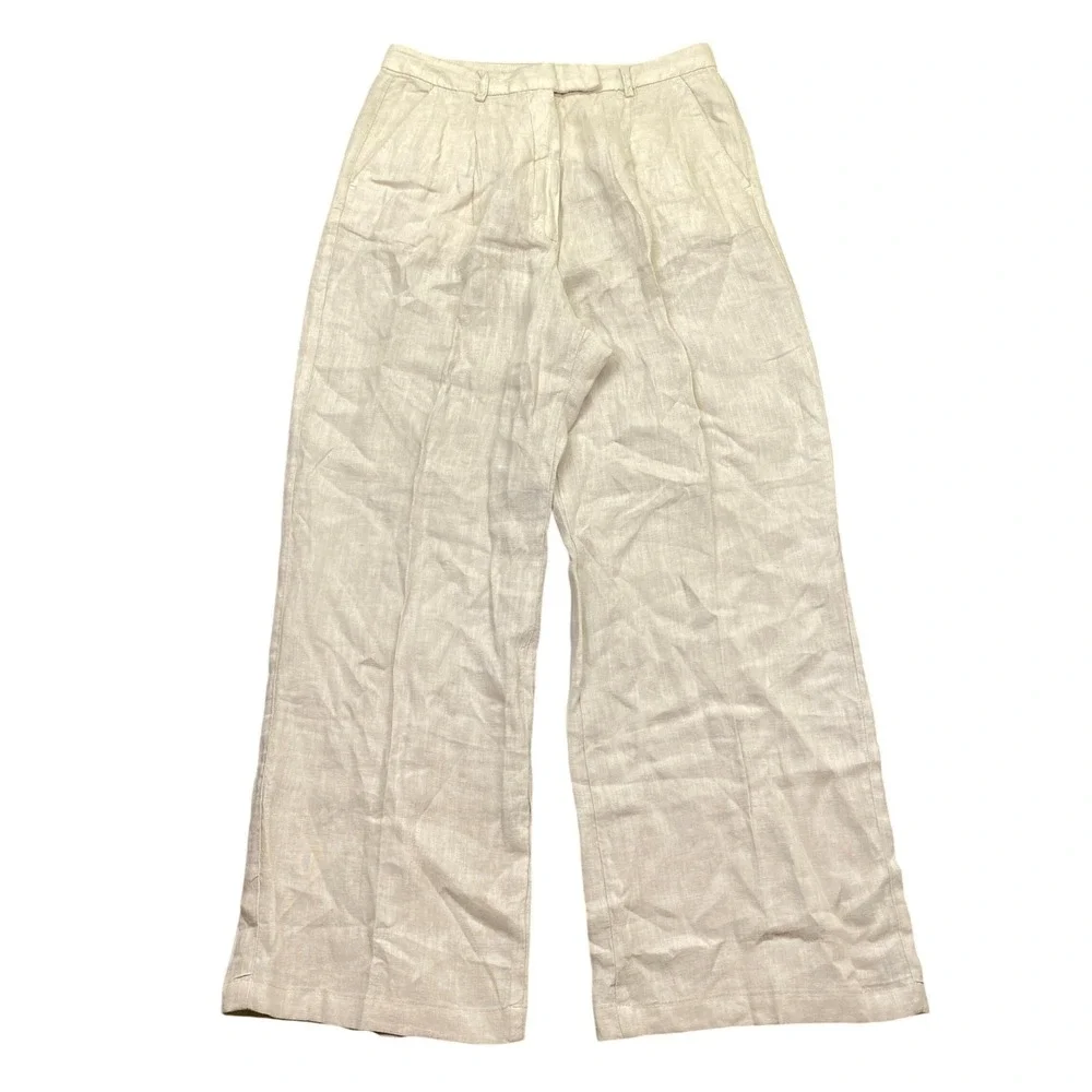 Zara Womens Beige Linen High Waisted Wide Leg Pants Size S Boho Preppy Tropical